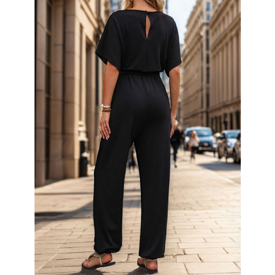 Notched Half Sleeve Straight Jumpsuit Apparel and Accessories