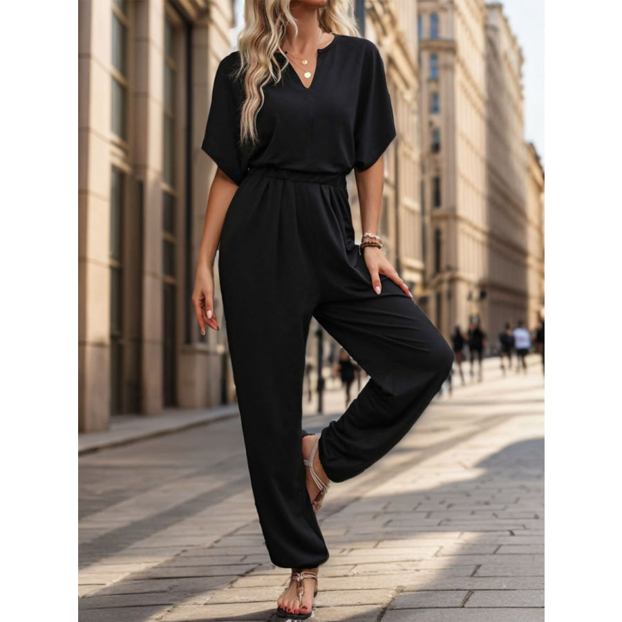 Notched Half Sleeve Straight Jumpsuit Black / S Apparel and Accessories