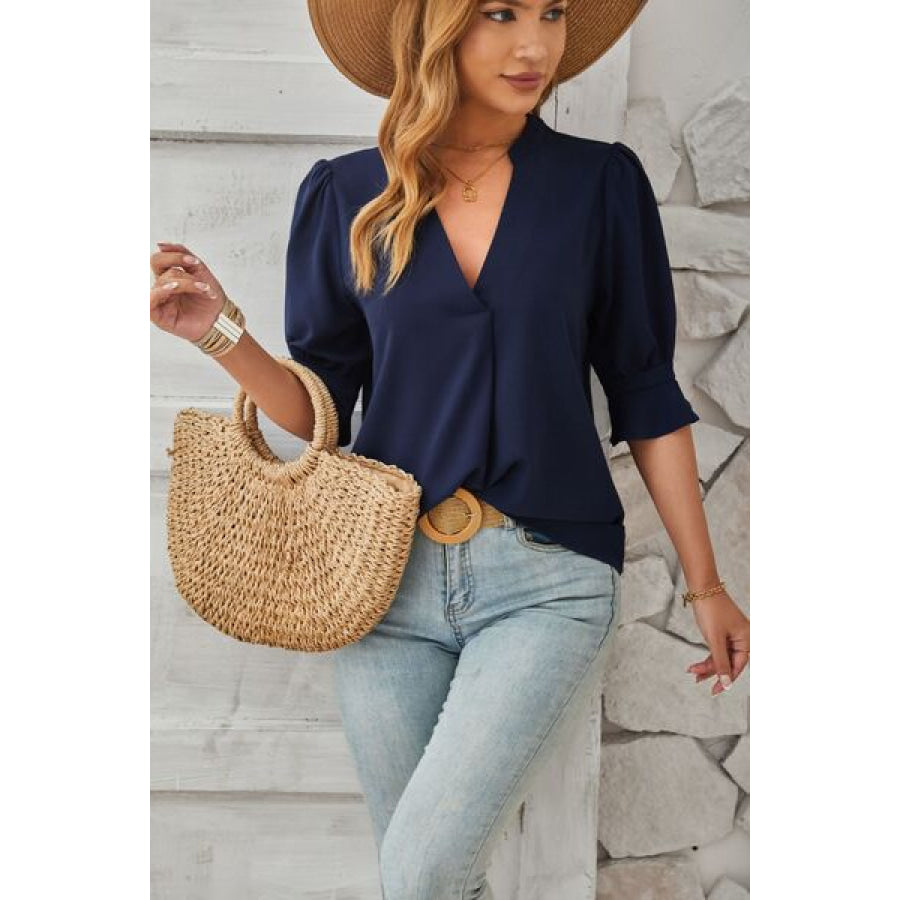 Notched Half Sleeve T - Shirt Navy / S Apparel and Accessories