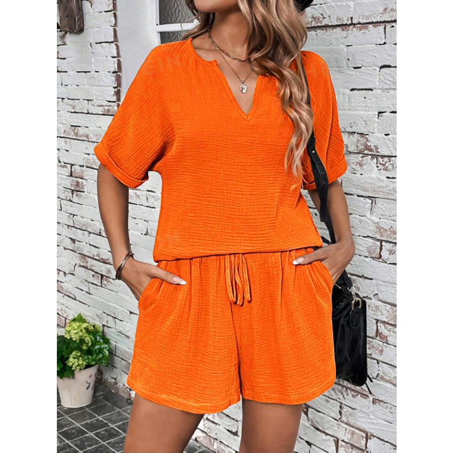 Notched Half Sleeve Top and Shorts Set Orange / S Apparel and Accessories