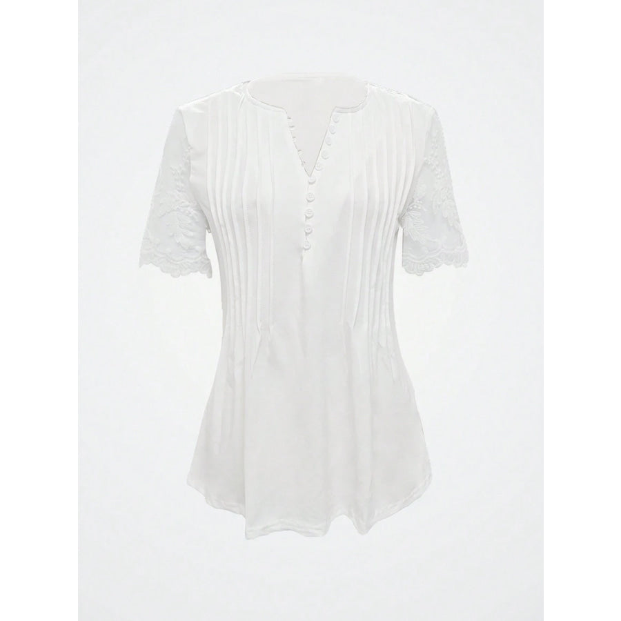 Notched Lace Short Sleeve Top Apparel and Accessories