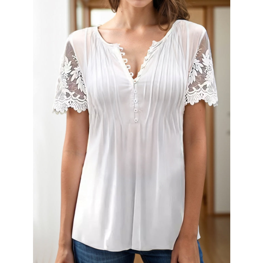 Notched Lace Short Sleeve Top White / S Apparel and Accessories