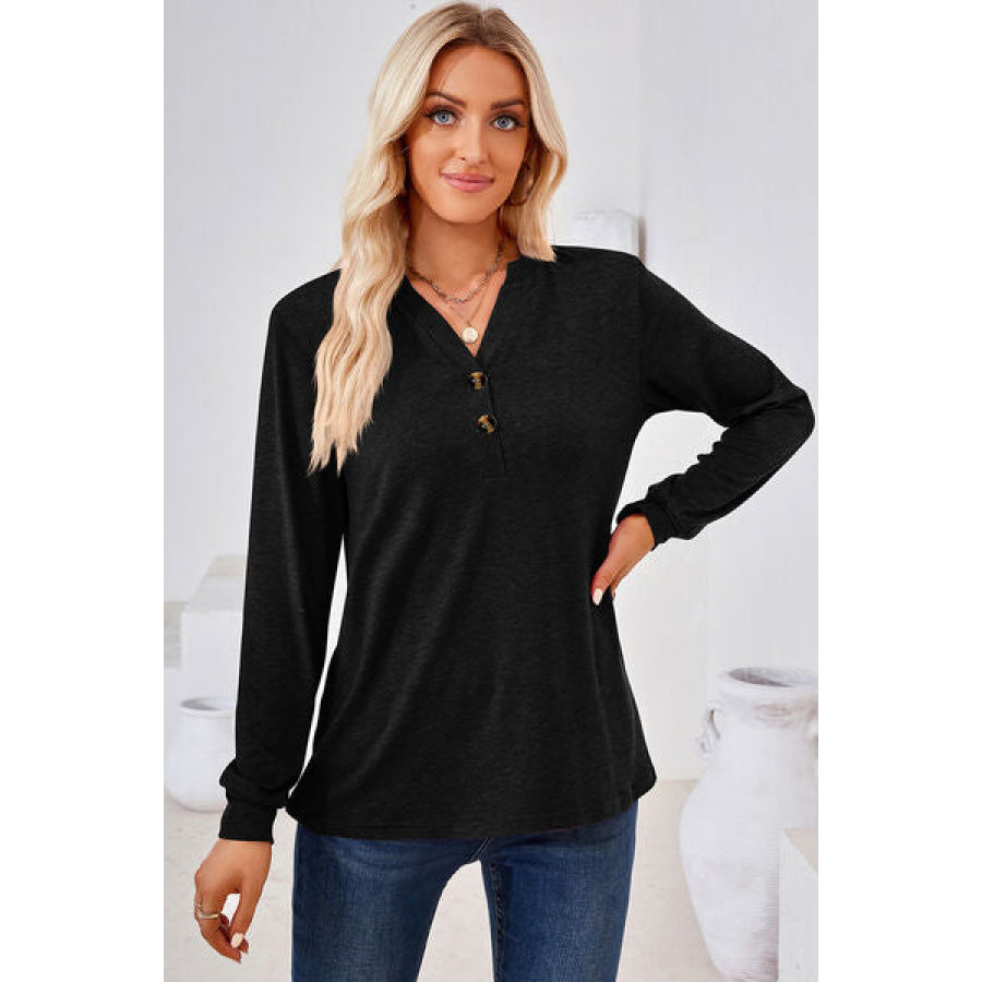 Notched Long Sleeve T - Shirt Black / S Apparel and Accessories