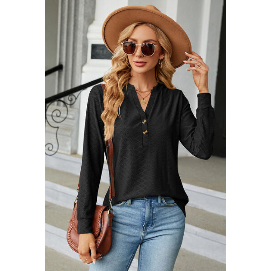 Notched Long Sleeve T - Shirt Black / S Apparel and Accessories