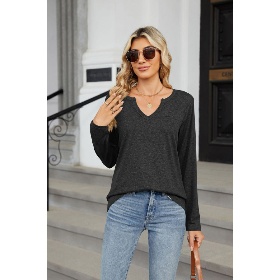 Notched Long Sleeve T-Shirt Black / S Apparel and Accessories