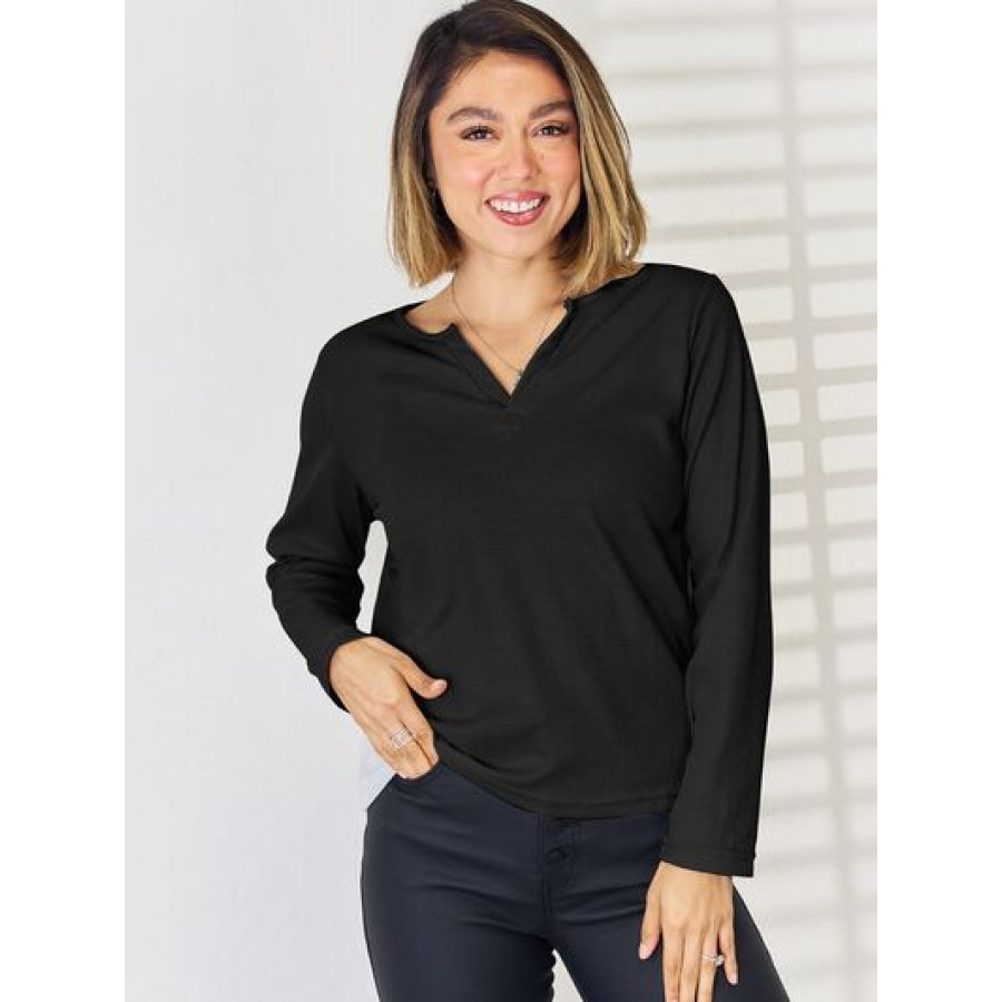 Notched Long Sleeve T - Shirt Black / S Apparel and Accessories