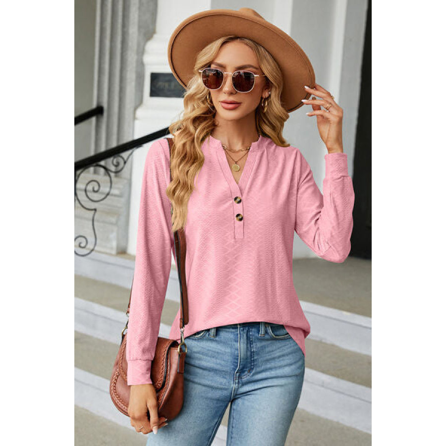 Notched Long Sleeve T - Shirt Blush Pink / S Apparel and Accessories