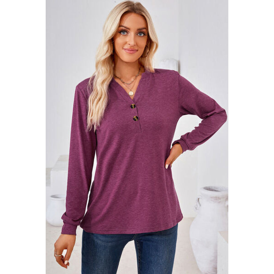 Notched Long Sleeve T - Shirt Cerise / S Apparel and Accessories