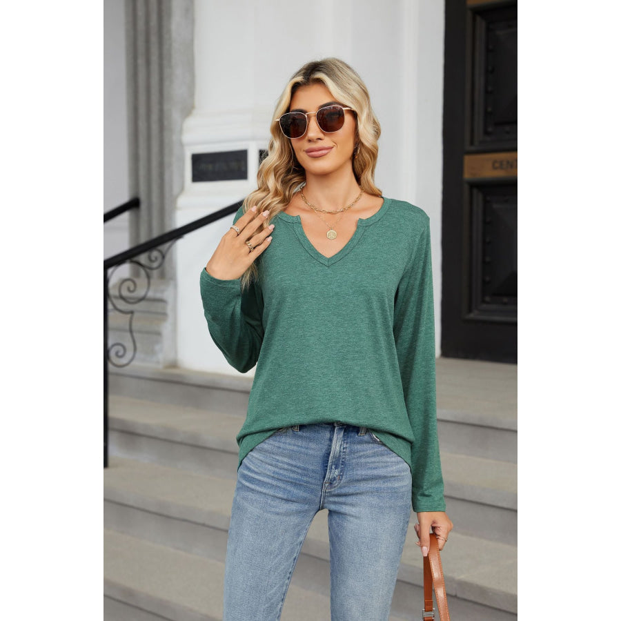 Notched Long Sleeve T-Shirt Dark Green / S Apparel and Accessories