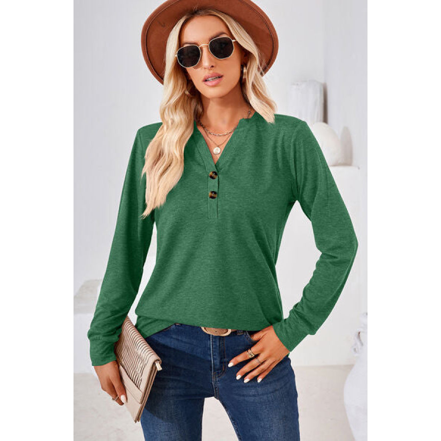 Notched Long Sleeve T - Shirt Green / S Apparel and Accessories