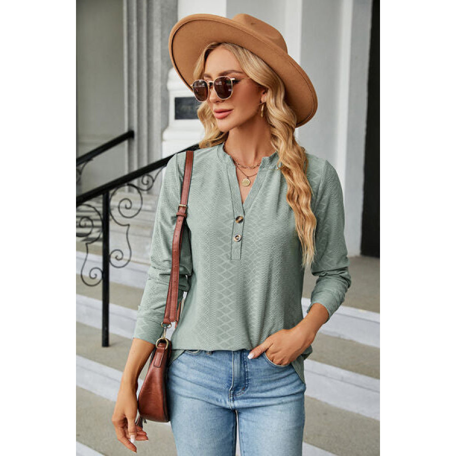 Notched Long Sleeve T - Shirt Gum Leaf / S Apparel and Accessories