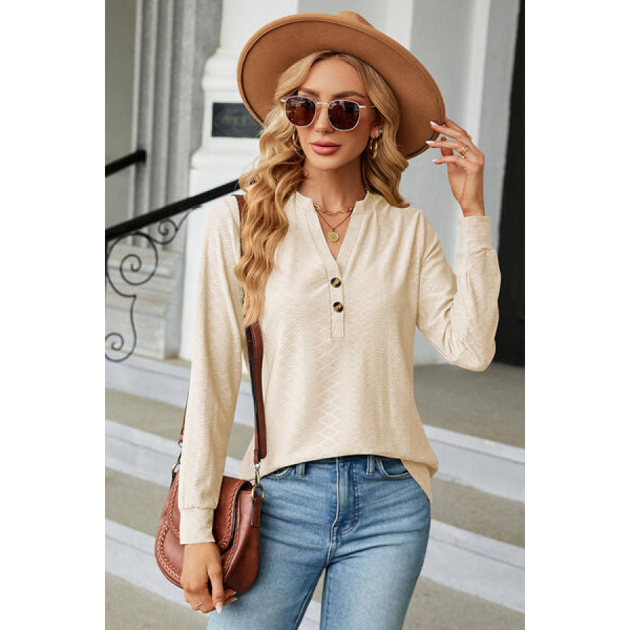 Notched Long Sleeve T - Shirt Ivory / S Apparel and Accessories