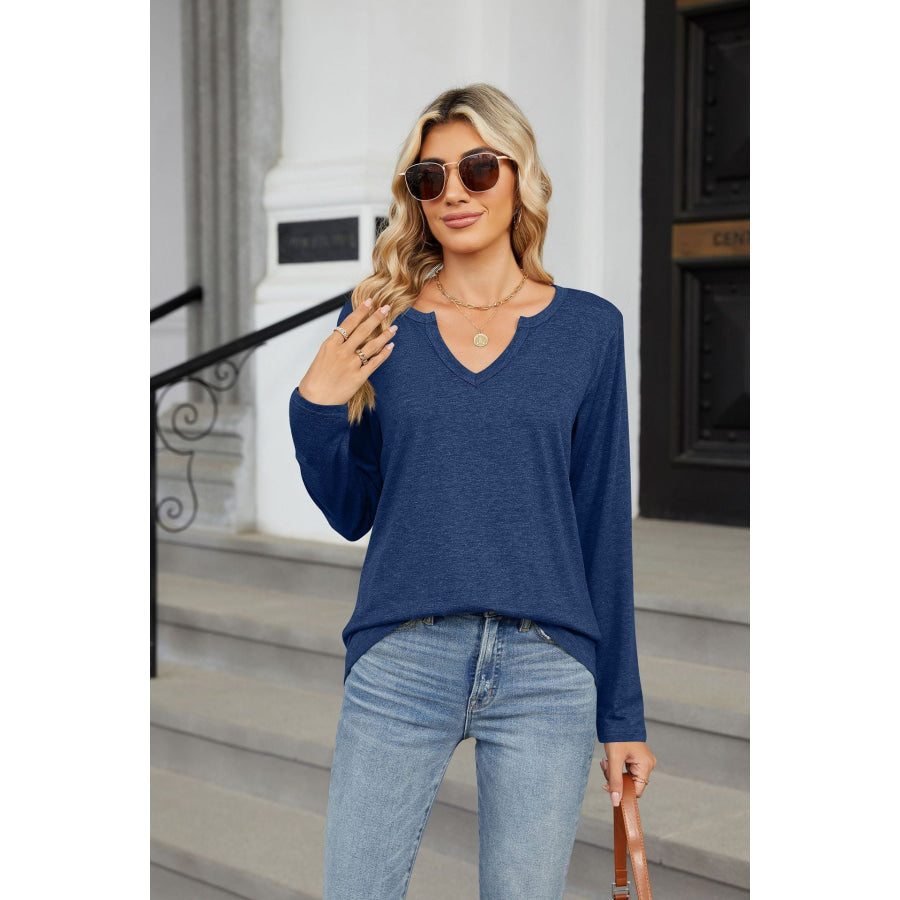 Notched Long Sleeve T-Shirt Navy / S Apparel and Accessories
