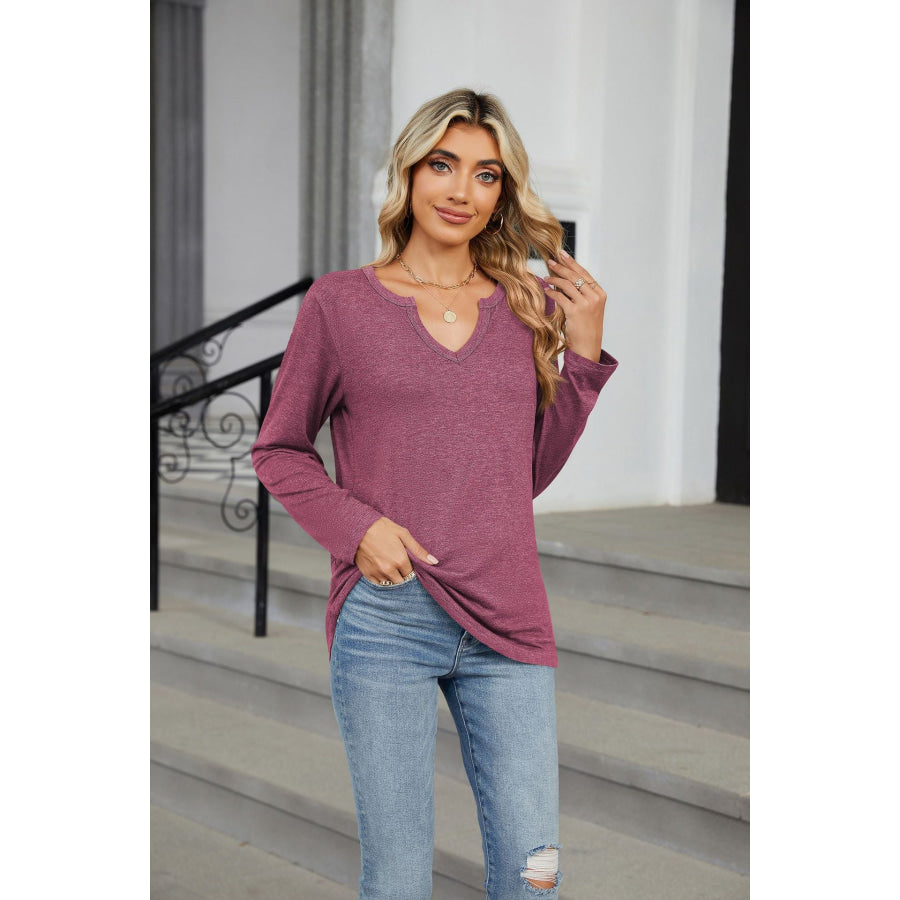 Notched Long Sleeve T-Shirt Plum / S Apparel and Accessories