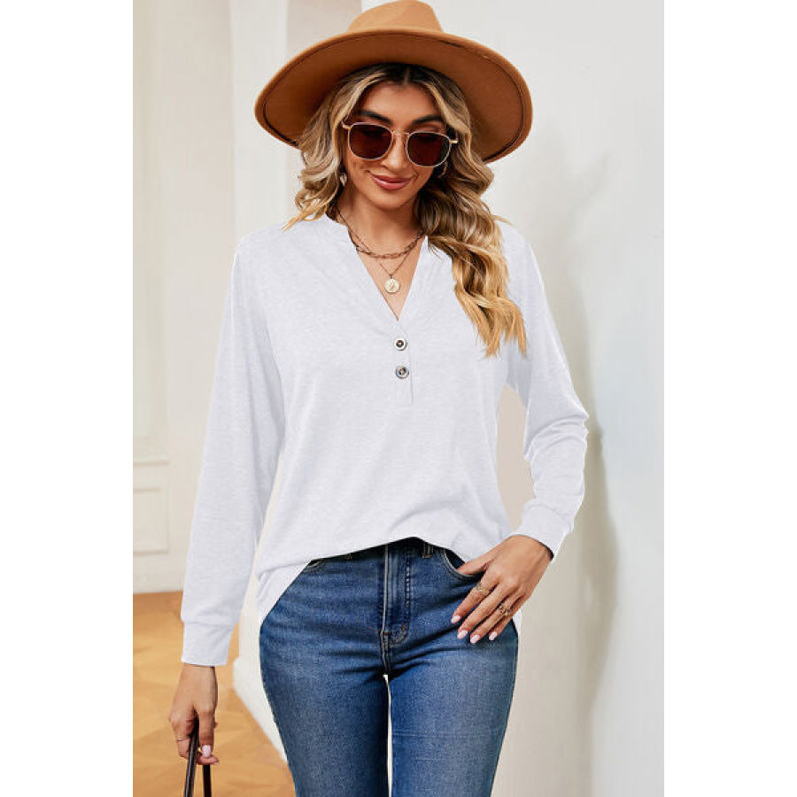 Notched Long Sleeve T - Shirt White / S Apparel and Accessories