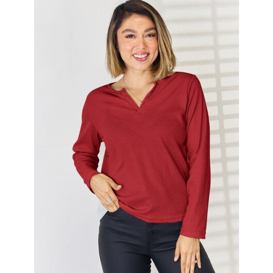 Notched Long Sleeve T - Shirt Wine / S Apparel and Accessories