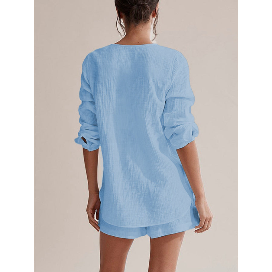 Notched Long Sleeve Top and Shorts Set Apparel and Accessories