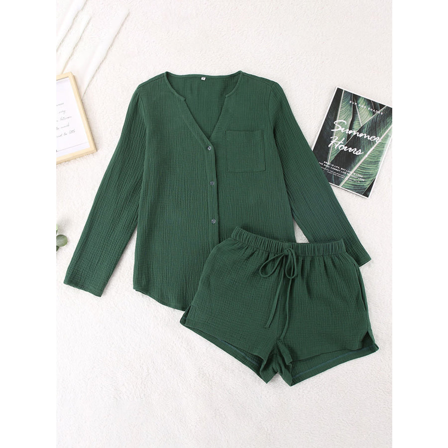 Notched Long Sleeve Top and Shorts Set Apparel and Accessories