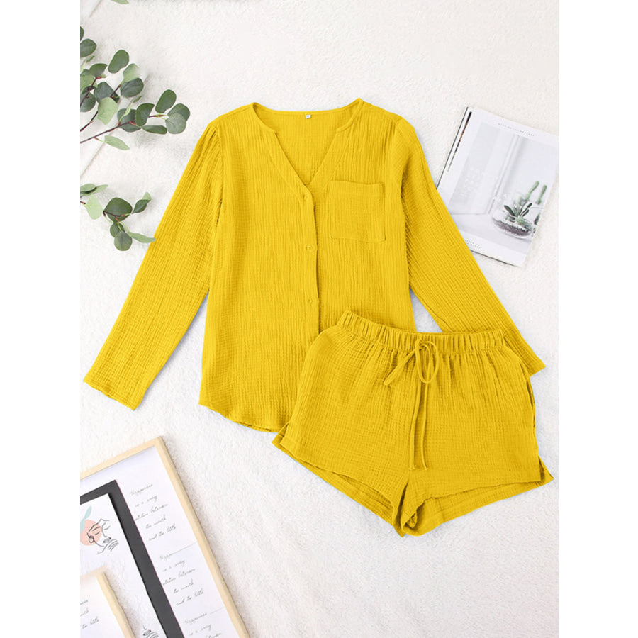 Notched Long Sleeve Top and Shorts Set Apparel and Accessories