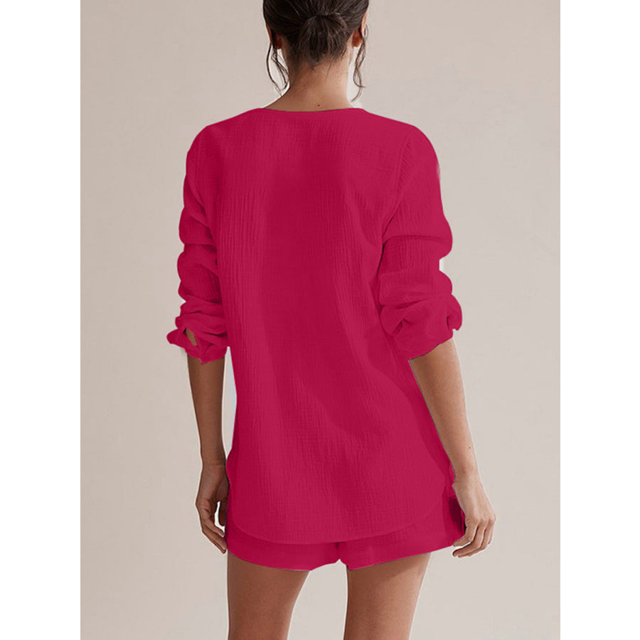 Notched Long Sleeve Top and Shorts Set Apparel and Accessories