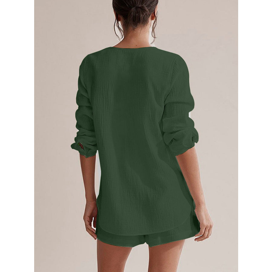 Notched Long Sleeve Top and Shorts Set Apparel and Accessories