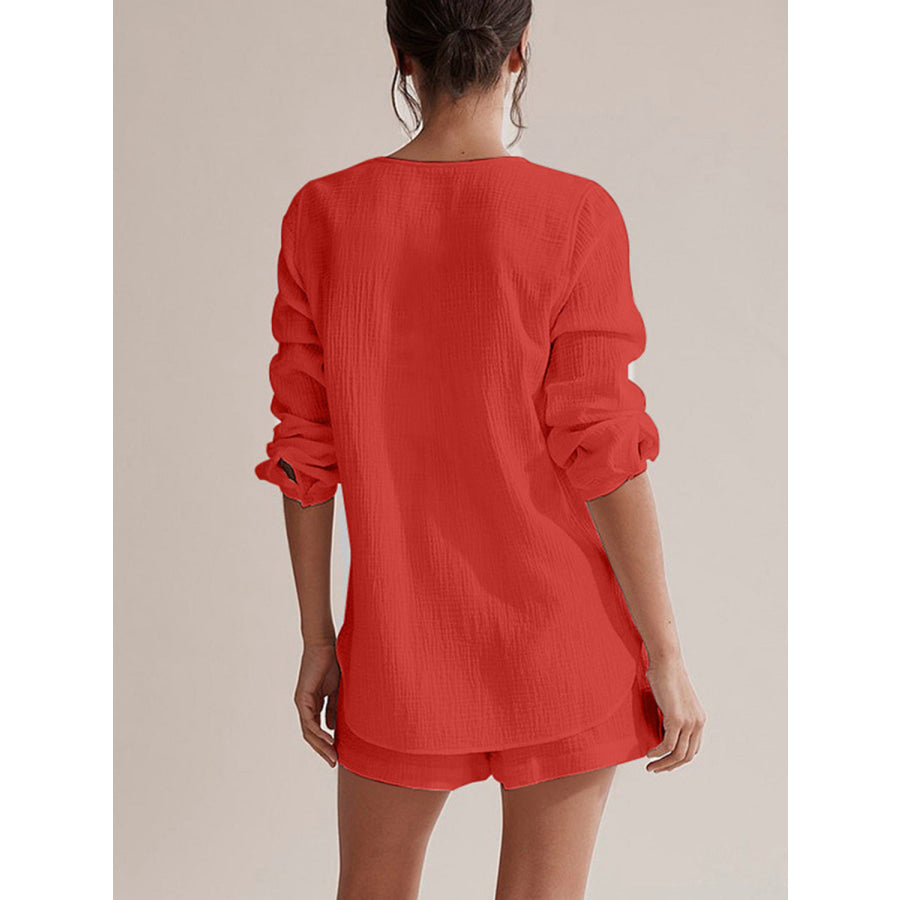 Notched Long Sleeve Top and Shorts Set Apparel and Accessories