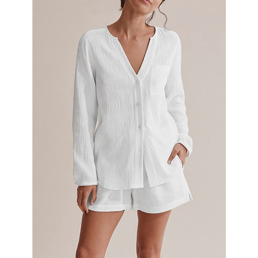 Notched Long Sleeve Top and Shorts Set Apparel and Accessories