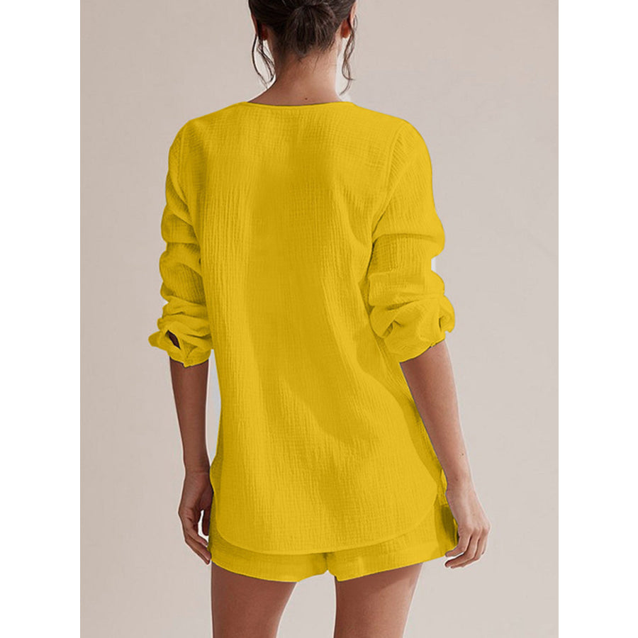 Notched Long Sleeve Top and Shorts Set Apparel and Accessories