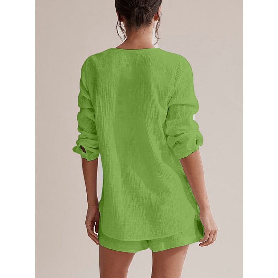 Notched Long Sleeve Top and Shorts Set Apparel and Accessories
