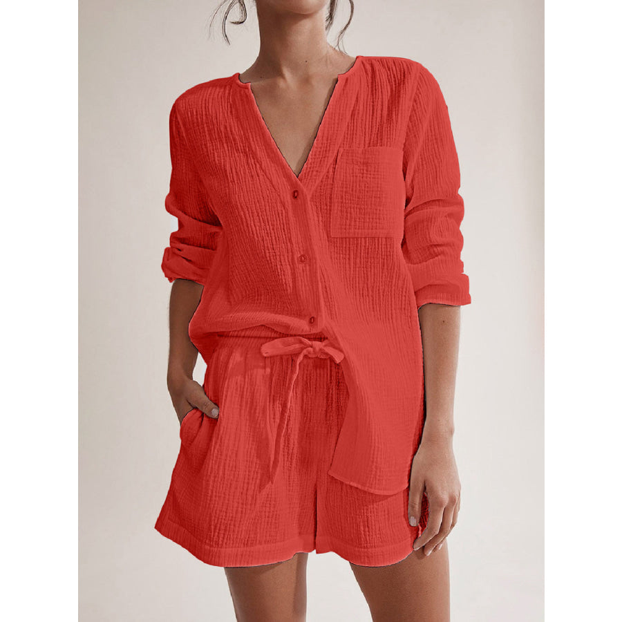 Notched Long Sleeve Top and Shorts Set Orange-Red / S Apparel and Accessories