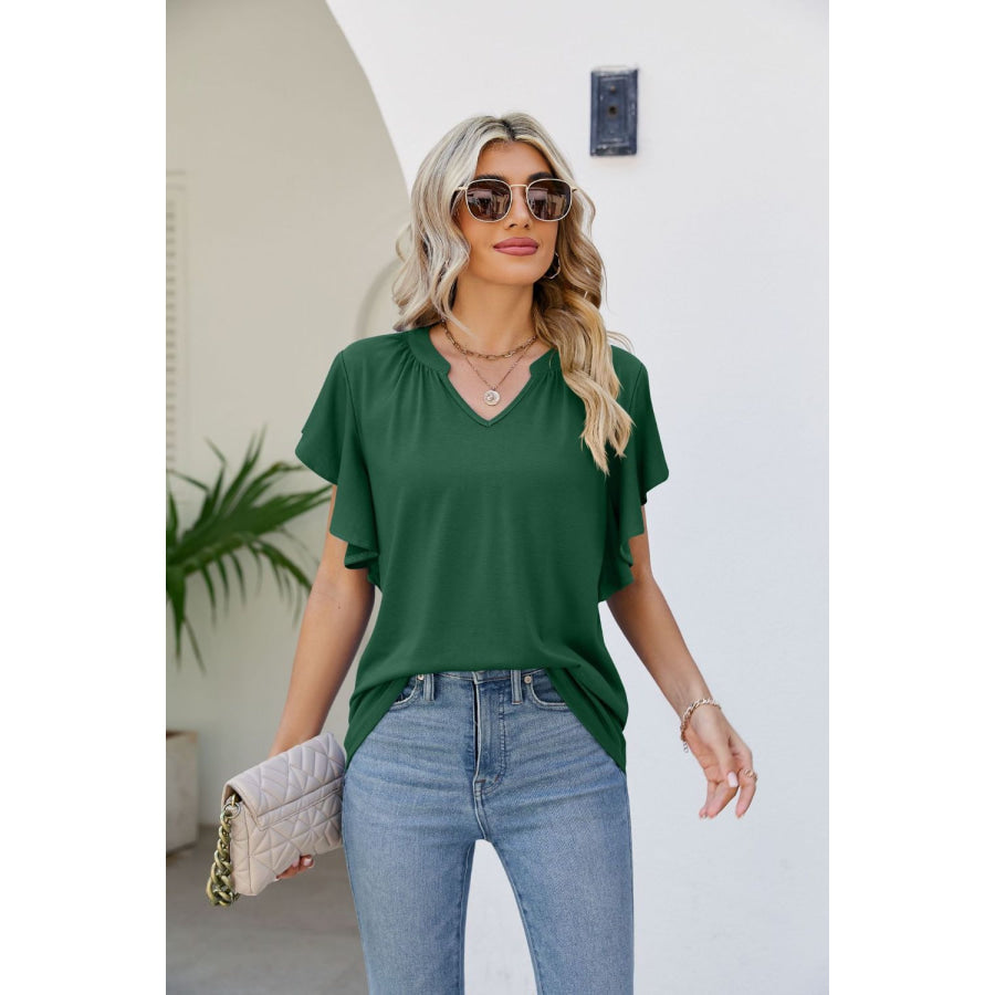 Notched Neck Flutter Sleeve Tee Forest / S