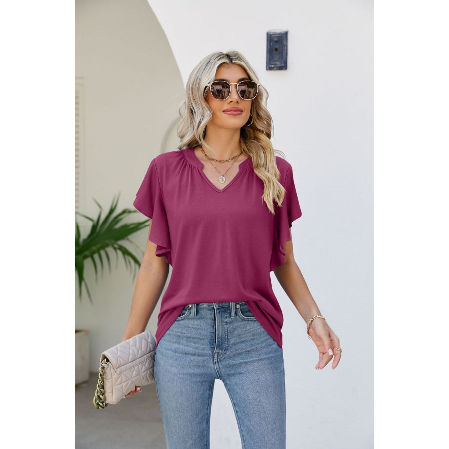 Notched Neck Flutter Sleeve Tee Magenta / S