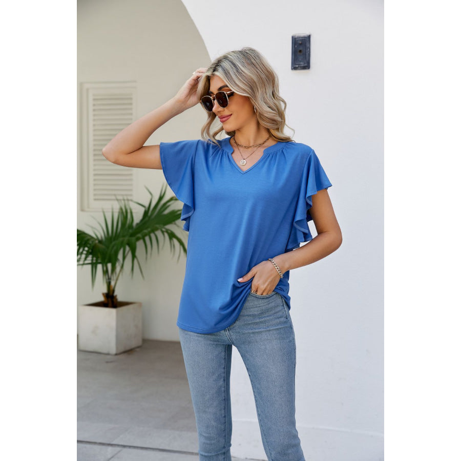 Notched Neck Flutter Sleeve Tee