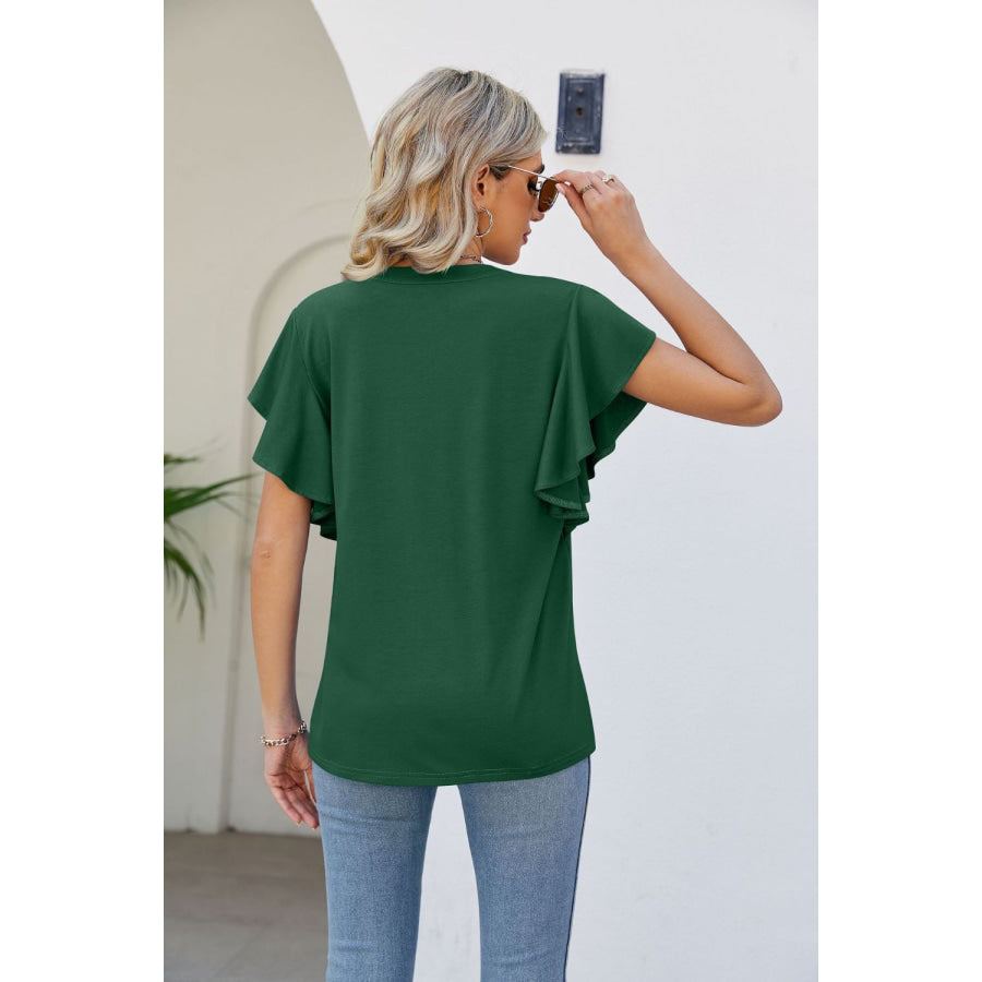 Notched Neck Flutter Sleeve Tee