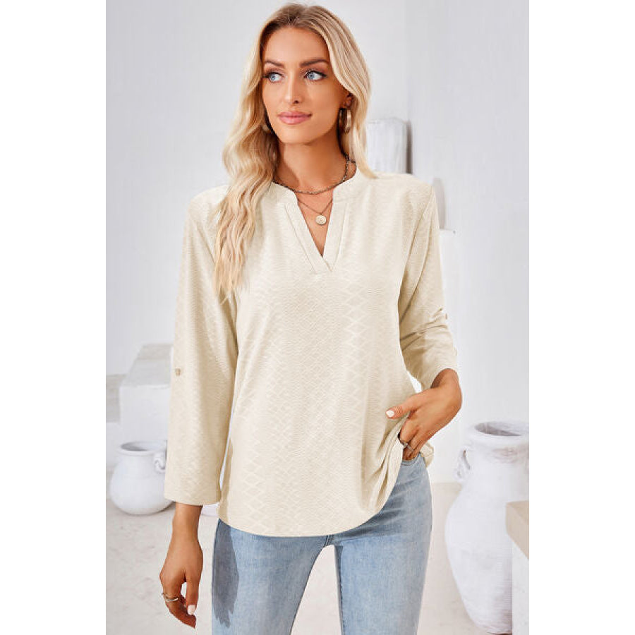 Notched Roll - Tab Sleeve T - Shirt Cream / S Apparel and Accessories