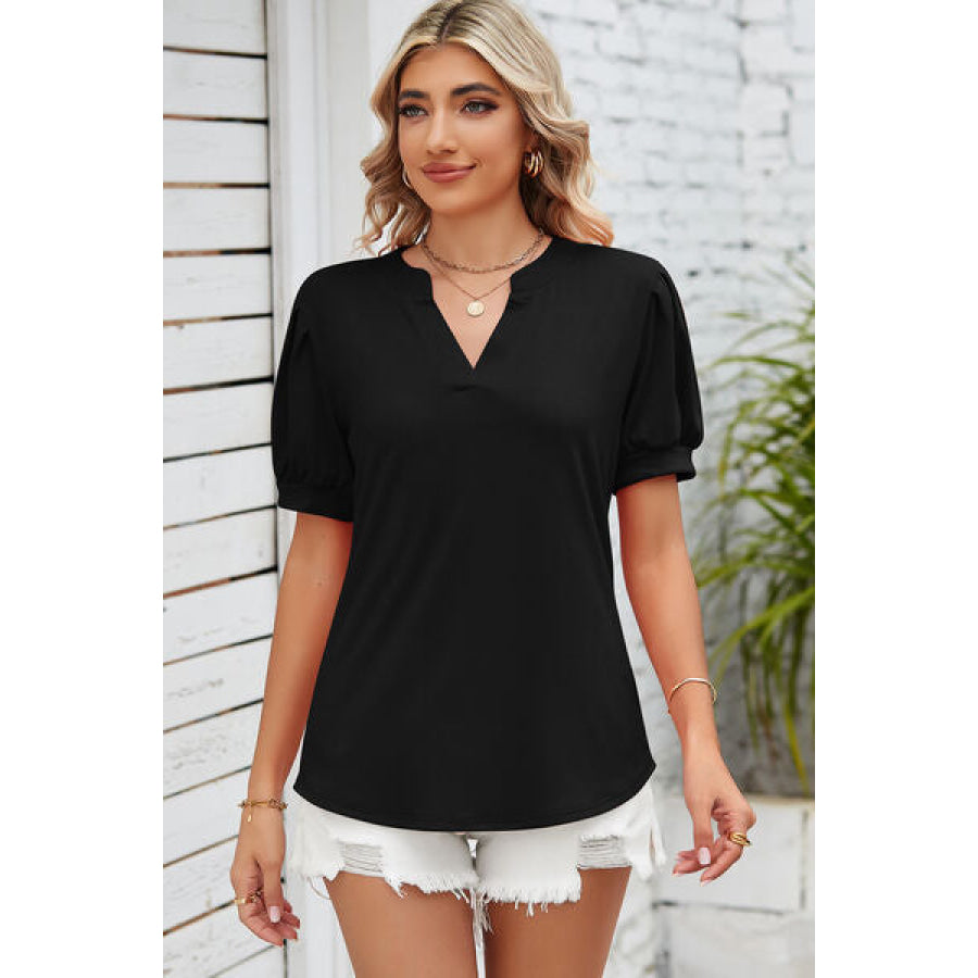 Notched Ruched Short Sleeve T - Shirt Black / S Apparel and Accessories