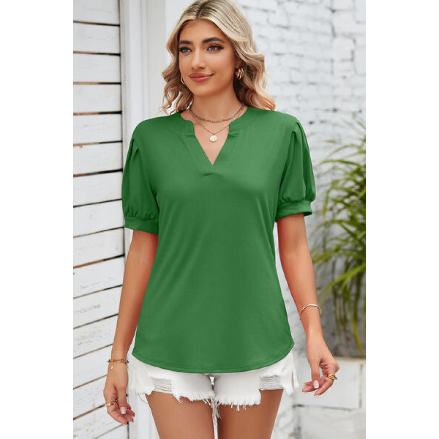 Notched Ruched Short Sleeve T - Shirt Mid Green / S Apparel and Accessories