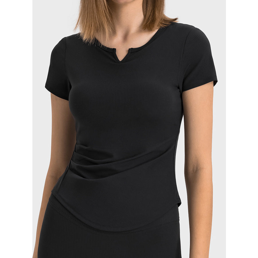 Notched Short Sleeve Active T-Shirt Black / 4 Apparel and Accessories