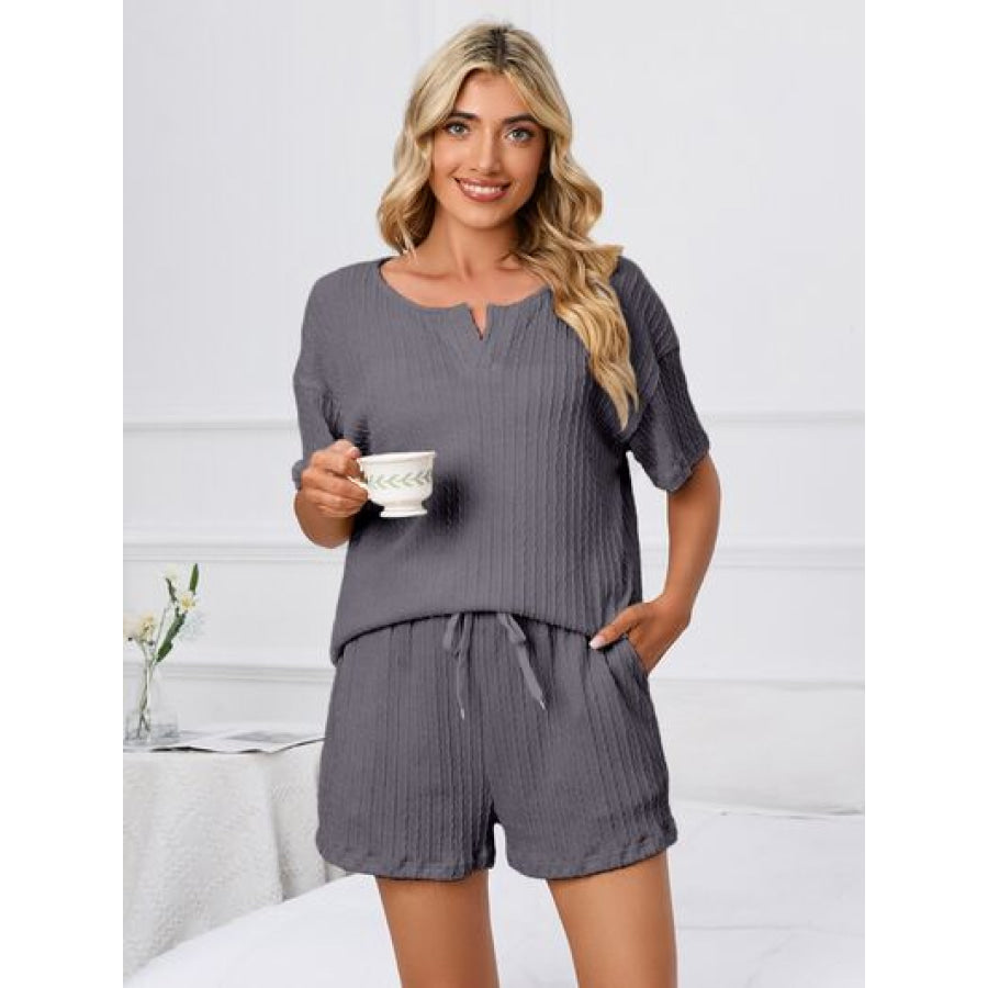Notched Short Sleeve and Shorts Lounge Set Charcoal / S Apparel and Accessories