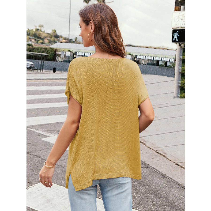 Notched Short Sleeve Knit Top Apparel and Accessories