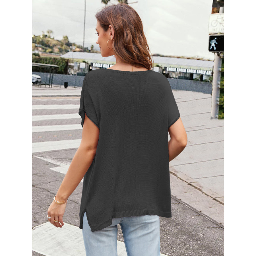 Notched Short Sleeve Knit Top Apparel and Accessories