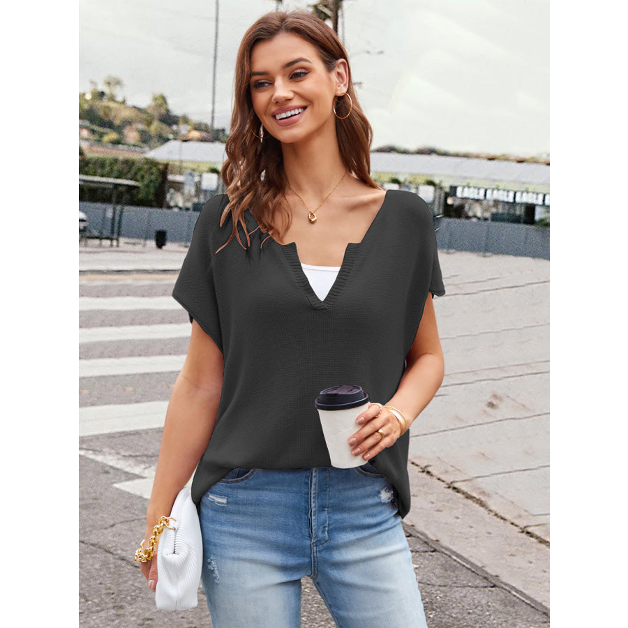 Notched Short Sleeve Knit Top Black / S Apparel and Accessories