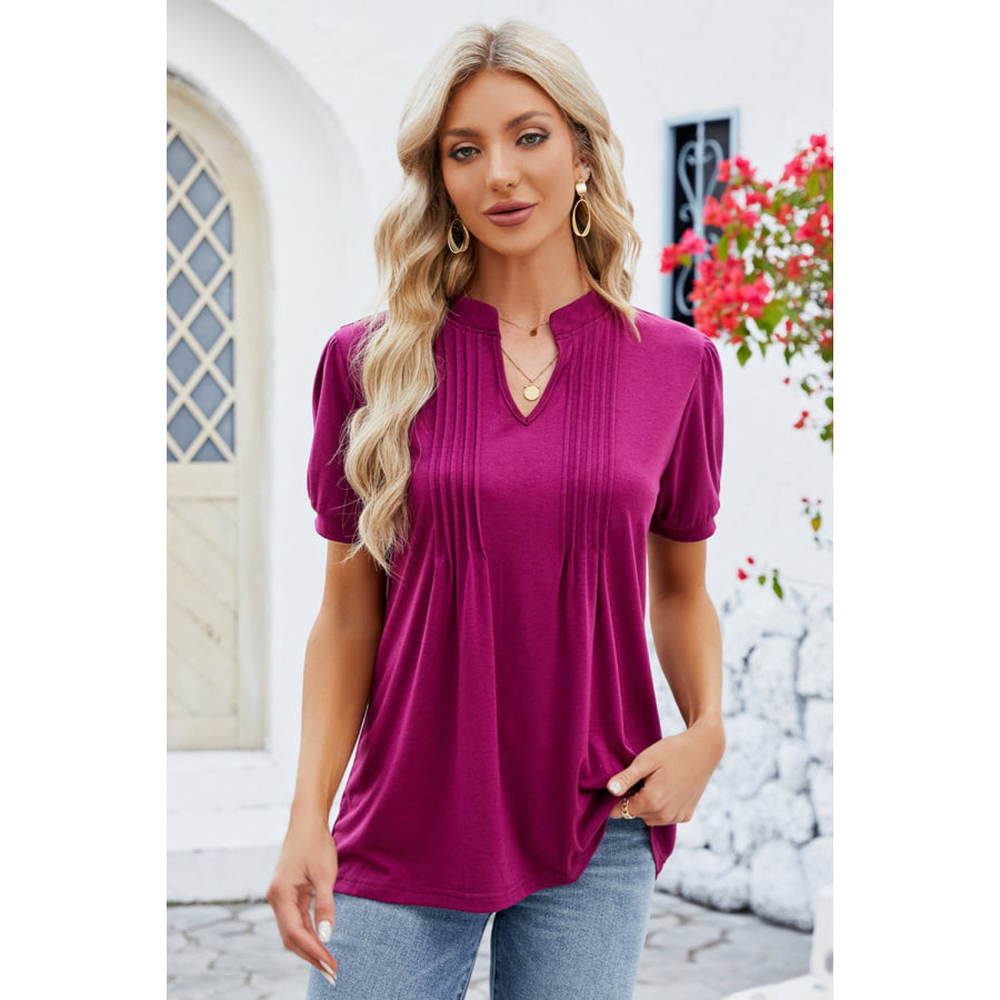 Notched Short Sleeve T-Shirt Magenta / S Apparel and Accessories