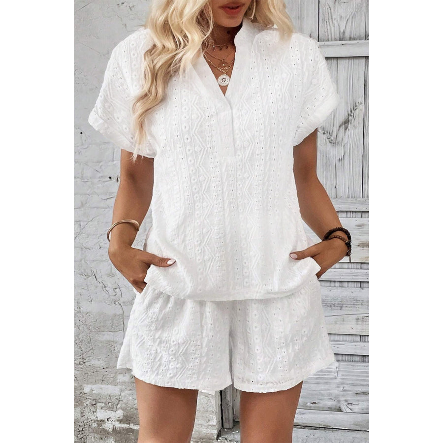 Notched Short Sleeve Top and Shorts Set White / S Apparel and Accessories