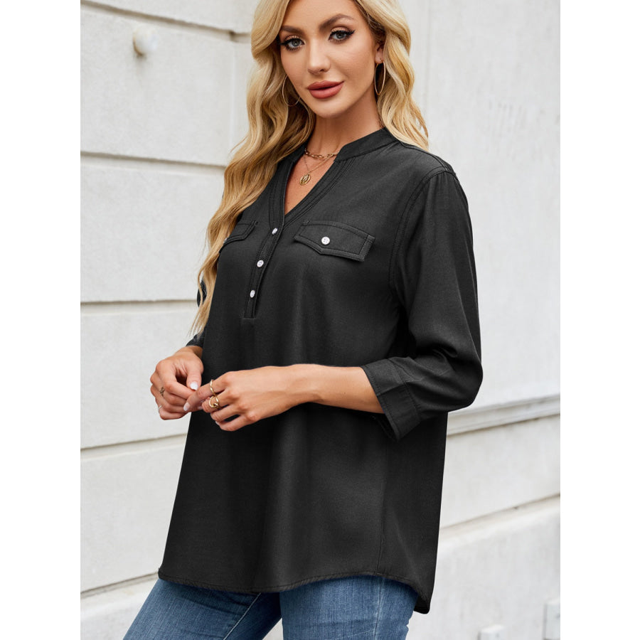 Notched Three-Quarter Sleeve Denim Top Black / S Apparel and Accessories