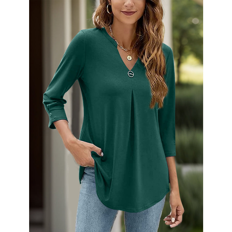 Notched Three-Quarter Sleeve T-Shirt Apparel and Accessories