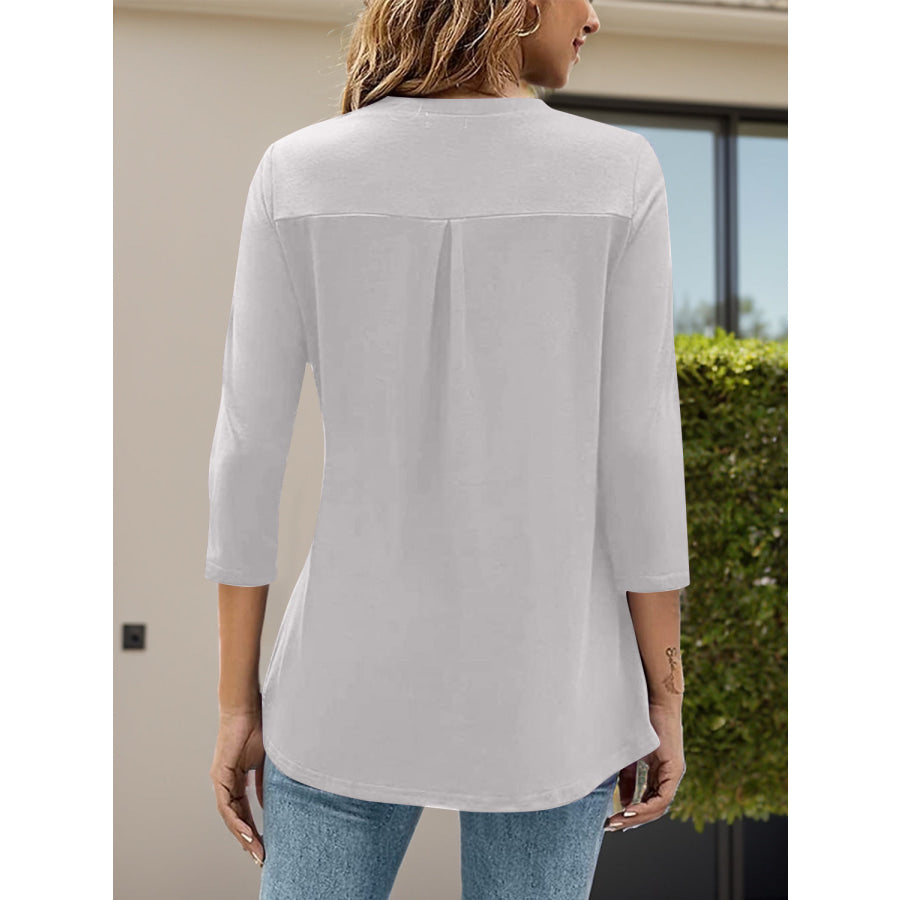 Notched Three-Quarter Sleeve T-Shirt Apparel and Accessories