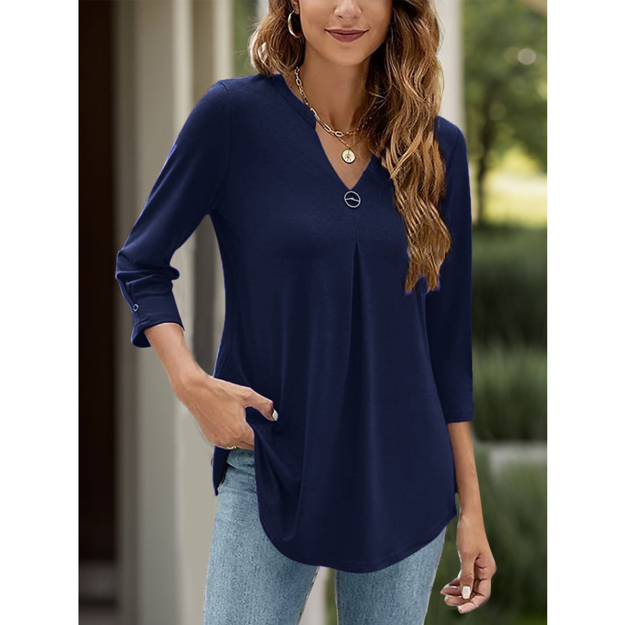 Notched Three-Quarter Sleeve T-Shirt Apparel and Accessories