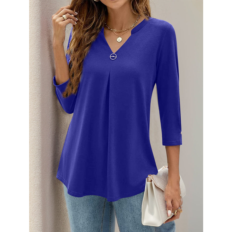 Notched Three-Quarter Sleeve T-Shirt Apparel and Accessories