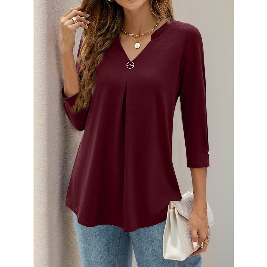 Notched Three-Quarter Sleeve T-Shirt Apparel and Accessories